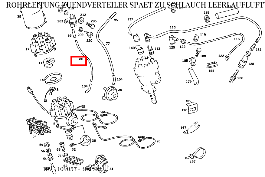 Rohrleitung ZUENDVERTEILER SPAET ZU SCHLAUCH LEERLAUFLUFTVERTEILER,ZUSATZLUFTSCHIEBER 340mm; 4X1mm 300 SEL 109
